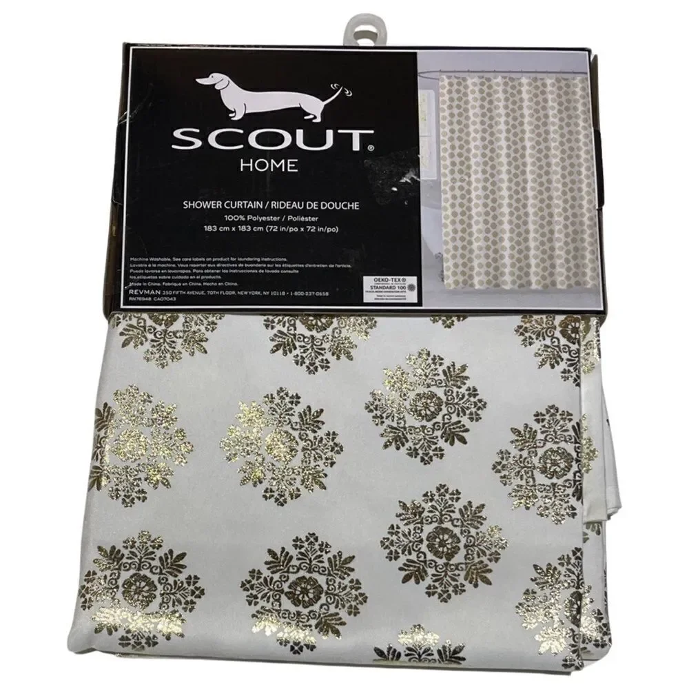 SCOUT Home Shower Curtain Snowflake Gold on White 100% Polyester 72x72” NWT